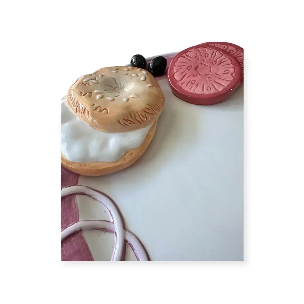 Vintage LARGE 3D Bagel Lox Plate, Kitsch Novelty Ceramic  Platter, Decor